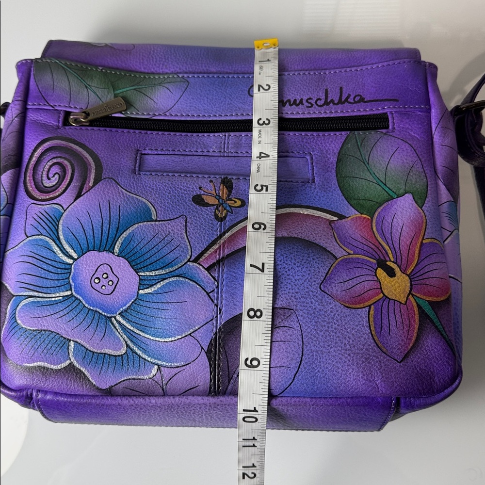 Anuschka purple leather w painted flowers crossbody bag - Picture 12 of 15
